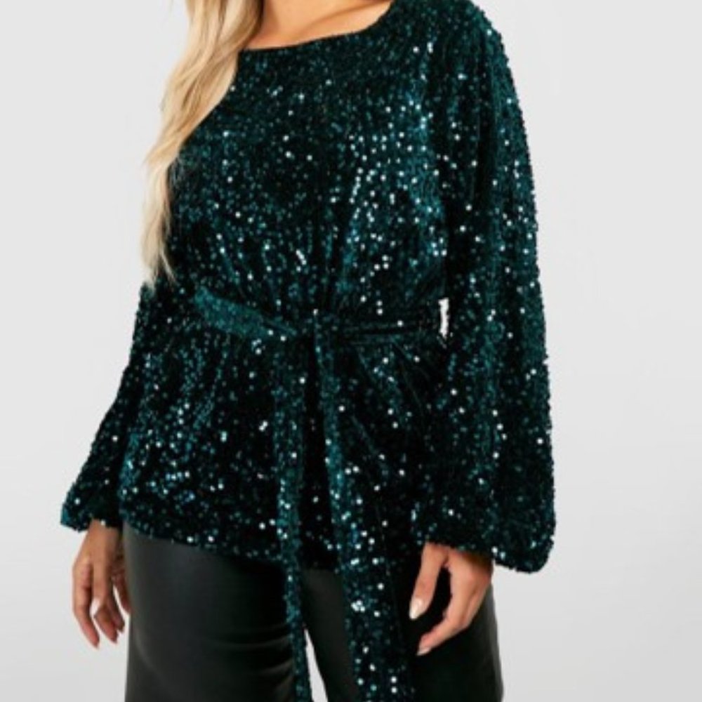 Dark Green Sequin and Velvet Wrap Top